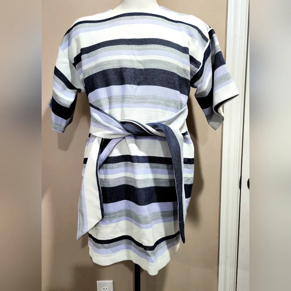 NWT ASOS Tie Front Shift Dress in Natural Fiber Stripe Size 12 - Picture 3 of 12